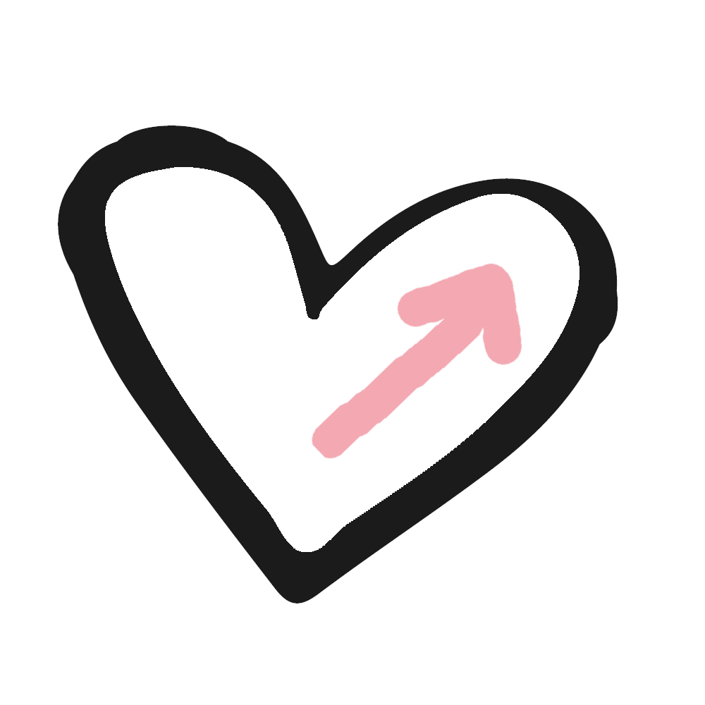 pink arrow pointing up to the right in a white hand drawn heart