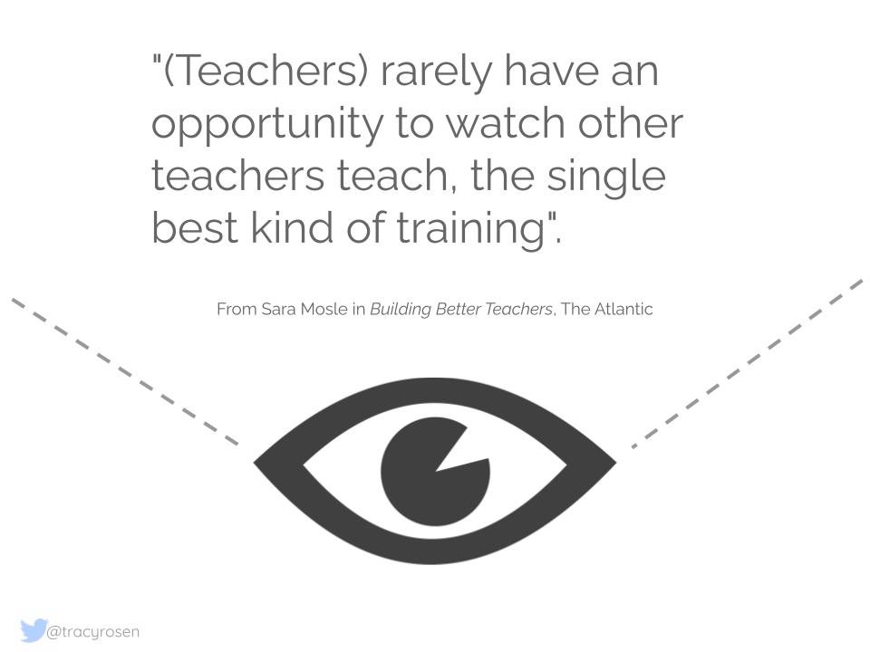 "(Teachers) rarely have an opportunity to watch other teachers teach, the single best kind of training." From Sara Mosle in Building Better Teachers, The Atlantic, 2014.